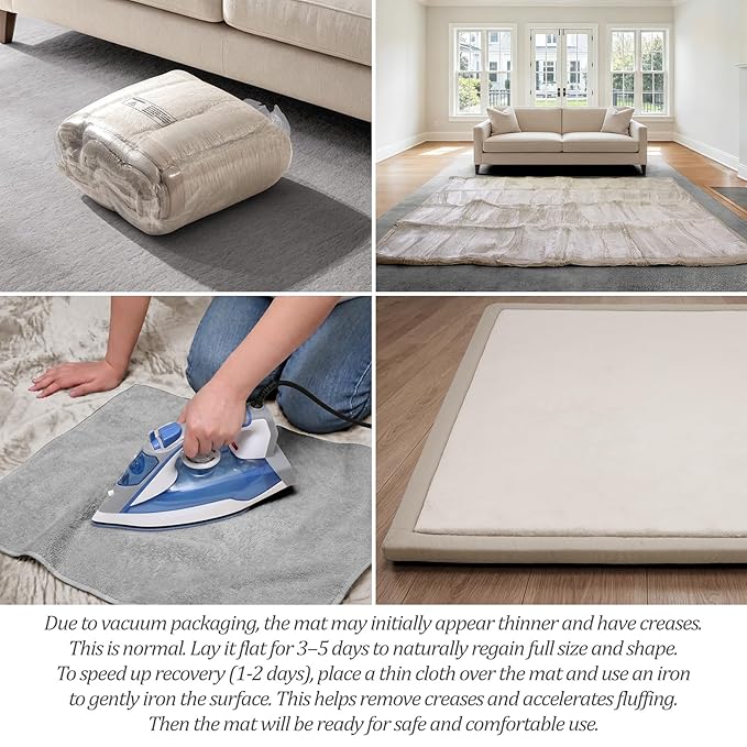 AEOCOO Baby Play Mat for Floor Cushion, 59x71x1.3" Thick Memory Foam Tummy Time Mat, CloudSoft Velvet Non slip, Toddlers Baby Kids Extra Large Nursery Rug for Crawling, Living Room, Beige