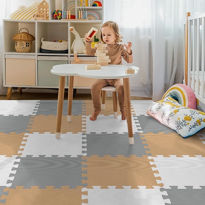 36Pcs Baby Play Mat for Floor, Foam Floor Tiles for Kids with Interlocking, Squares Foam Puzzle Carpet for Playroom,Crawling Rug for Babies 6-12 Months,Toddlers,11.8*11.8*0.6In Each,Grey White Brown