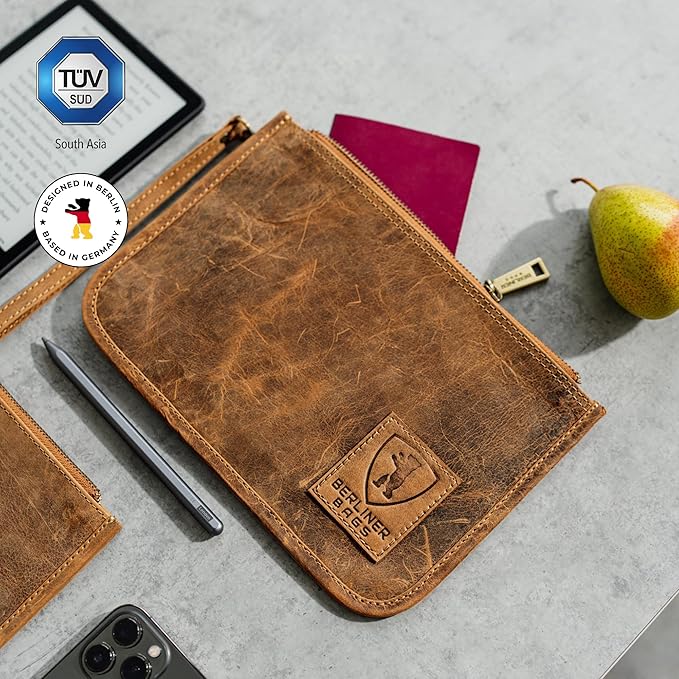 BERLINER BAGS Vintage Genuine Leather Document Organizer Theo M, Passport Holder and Travel Wallet - Brown