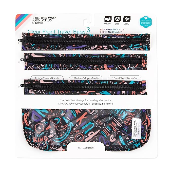 Bumkins Travel Bag, Toiletry, Baby, TSA Approved Pouch, Zip Bag, Quart Size Compliant, Clear-Sided, Diaper Bag Organization, Makeup, Accessories, Set of 3
