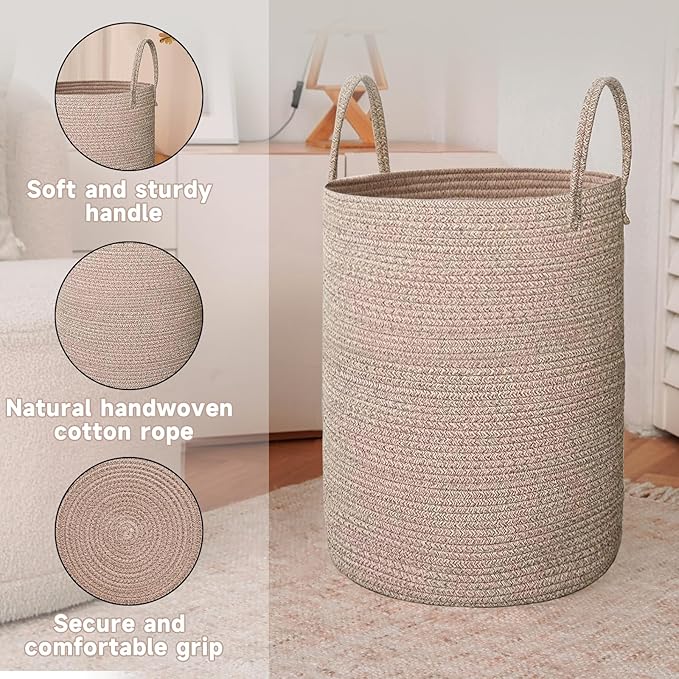 Large Woven Laundry Basket Hamper,80L Cotton Rope Storage Bin for Blankets,Toys and Clothes,Decorative Tall Nursery Hamper for Living Room,Baby Nursery,Bathroom and Bedroom,Oatmeal