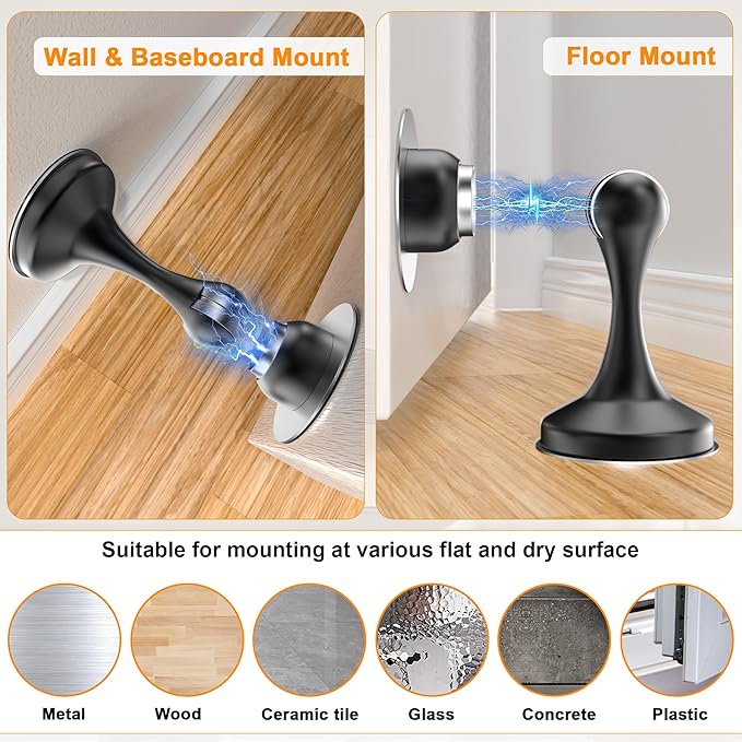 Crosize Magnetic Door Stoppers 4 Pack, Stainless Steel Door Stops for Wall and Floor Mounting, Door Holder Keep Door Open, No Drilling Door Stop with 3D Adhesive Tapes, Black
