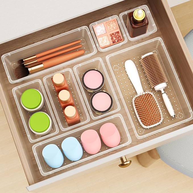 12 PCS Drawer Organizer Set, 4 Sizes Tool Storage Trays, Clear Plastic Makeup Vanity Organizer and Storage Bins for Makeup, Stationeries, Multiple Gadgets for Bathroom, Office, Bedroom