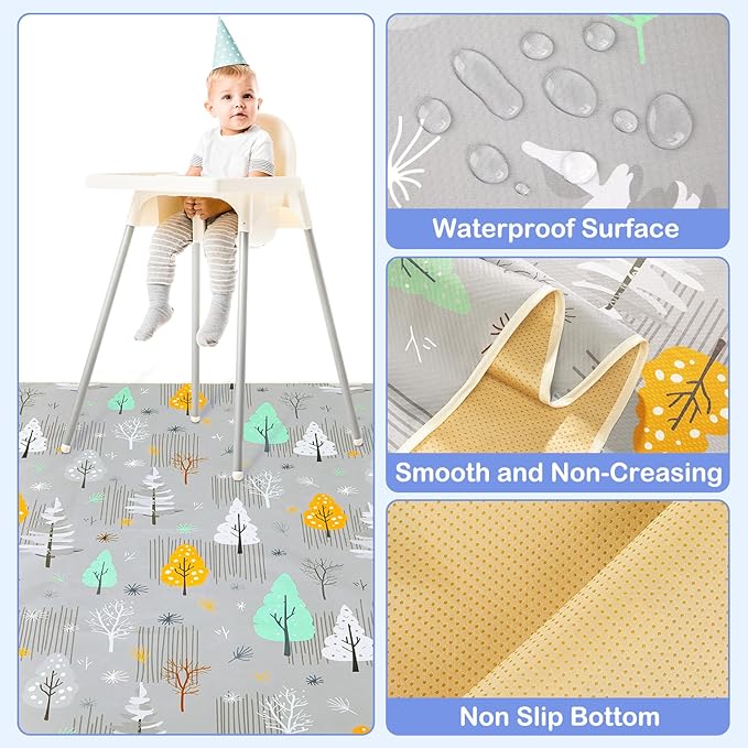 Basumee Splat Mat High Chair Mat Waterproof Baby Play Splat Mat for Under High Chair Food Catcher Highchair Mat for Floor Non Slip Bottom, Gray Tree, 46x42 Inches