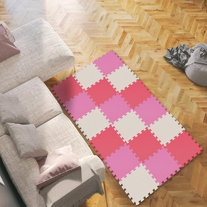 qqpp EVA Rubber 18 Tiles Interlocking Puzzle Foam Floor Mats - Baby Play Mat for Playing | Exercise Mat for Home Workout. White, Pink, Red. QC-ACIb18N