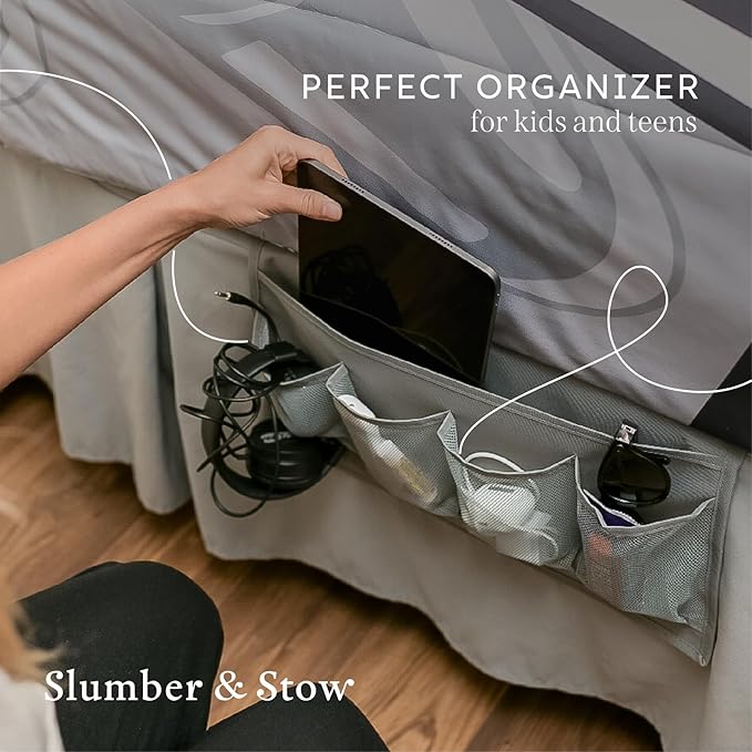 Slumber & Stow Hanging Bedside Caddy - 5 Pocket Bed Caddy Organizer for Tablets, Magazines, Phone, Glasses, Remotes & More - Ideal Storage For Dorm, Bedroom & Living Areas - 10"x17.3"