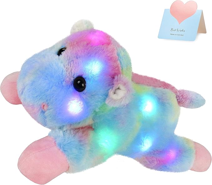 Glow Guards 15'' Light up Rainbow Hippo Stuffed Animal LED Wildlife Soft Plush Toy with Night Lights Birthday Children's Day for Toddler Kids