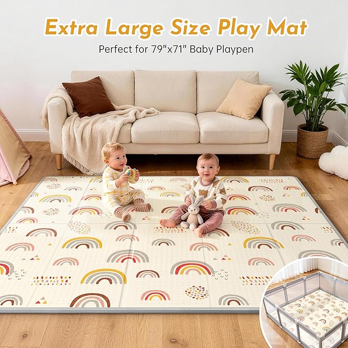 Baby Play Mat for Floor, Extra Large Play Mat for Baby, 79 x71" Memory Foam 0.8" Thick Crawling for Babies,Toddlers Infants, Reversible Baby Play Mat,Foldable Foam Floor Mat for Tummy Time