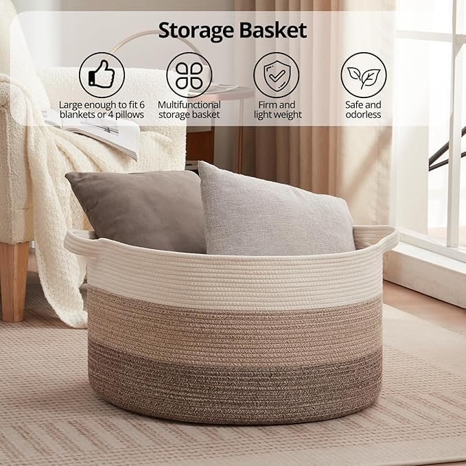 OIAHOMY 105L Blanket Basket for Living Room, Large Basket 23.6" x 23.6" x 14.6" with Handle, Laundry Hamper for Blankets, Pillows, Toy Storage for Kids, Dogs - Gradient Brown
