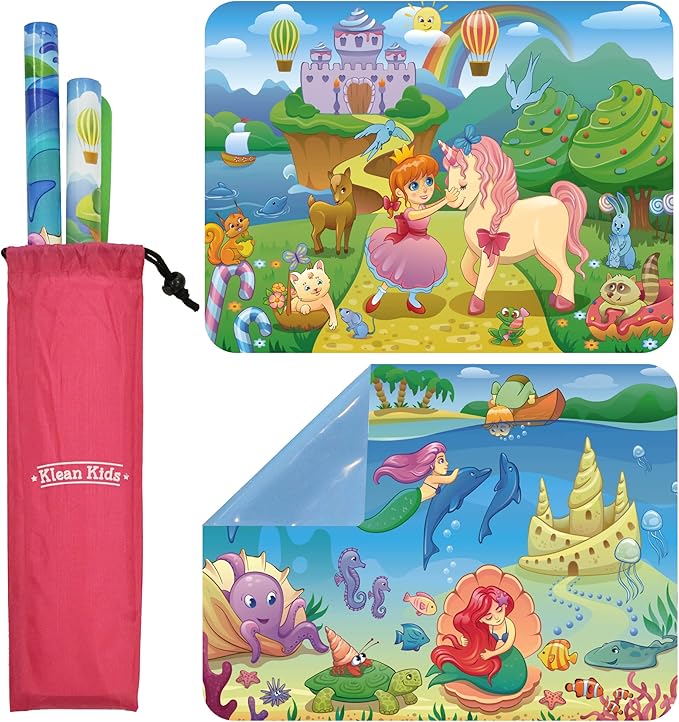 Klean Kids [2 Pack] Silicone Placemats for Toddlers (Mermaid and Princess) - Non Slip 2-Pack with Travel Bag - Princess & Mermaid - Baby Placemats That Stick to Table for Baby