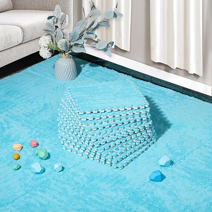 12 Pcs Plush Interlocking Carpet Tiles, Non-Toxic Foam Carpet Tiles for Toddler Baby, Anti-Slip, EVA Foam Interlocking Tiles for Floor, Nursery, Playroom, Blue