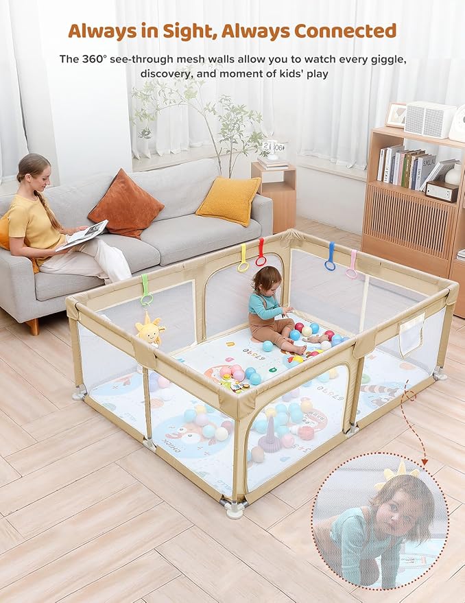 Dripex Baby Playpen with Mat, 71"x47" Play Pen for Toddlers 1-3 Years, Soft Breathable Visible Mesh, Indoor/Outdoor Portable Play Yard with Mat, Safe Baby Fence Play Area, Beige