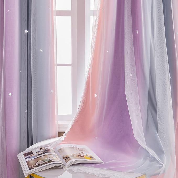 XiDi Curtains for Bedroom Decor, Rainbow GreyPinkPu-52-54