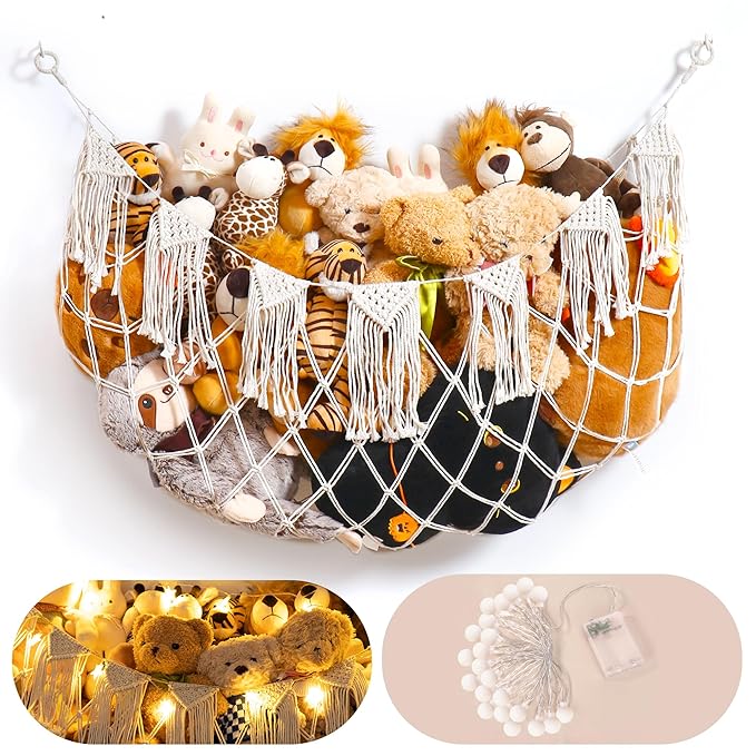 Boho Macrame Stuffed Animal Hammock with LED Lights, Wall Corner Hanging Plushie Net, Large Toy Organizer for Kids Bedroom Nursery Playroom & Dorm (White XL)