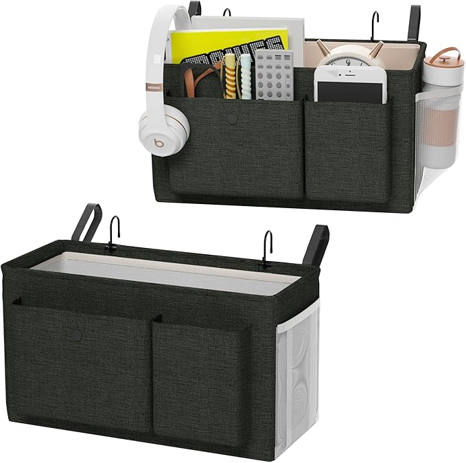 Edudif Bedside Caddy Bedside Organizer with Fixed Straps & Water Bottle Holder, Bunk Bed Caddy ideal for Home, Dorm, Hospital, Crib, Versatile Bedside Storage Solution (Black 2pcs)