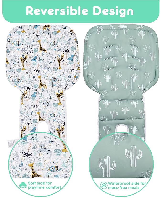 Baby High Chair Cover 2-in-1 Reversible, Includes 5-Point Harness Strap, Waterproof & Soft Dual-Side High Chair Pad Cushion, Machine Washable, Extra Thick Highchair Protector - Green