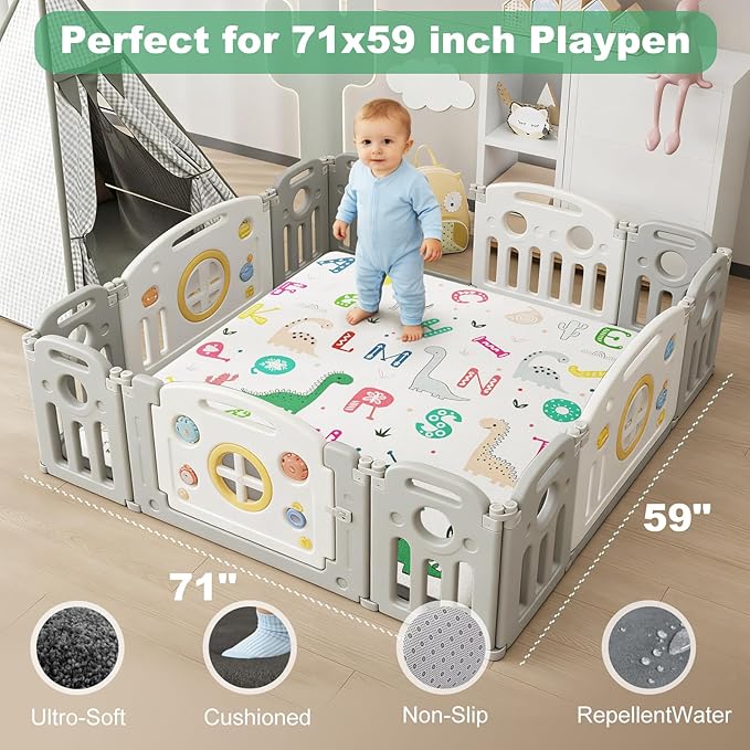 1.3" Thick Baby Play Mat for Floor, Elasti-Foam 71x59 Playpen Mat, Water Repellent Ultra Soft Coral Velvet Tummy Time Crawling Mats for Kid Toddlers Infants, Non-Slip Backing Safe Alphabet Zoo