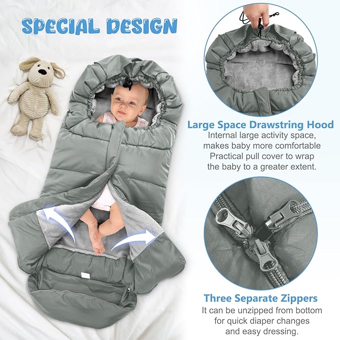 Universal Baby Footmuff for Strollers,Stroller Cover for Winter with Hooded Design,Waterproof and Windproof Winter Sleeping Bag with Coral Fleece Lining, Baby Bunting Bags for Most Strollers (GREY)