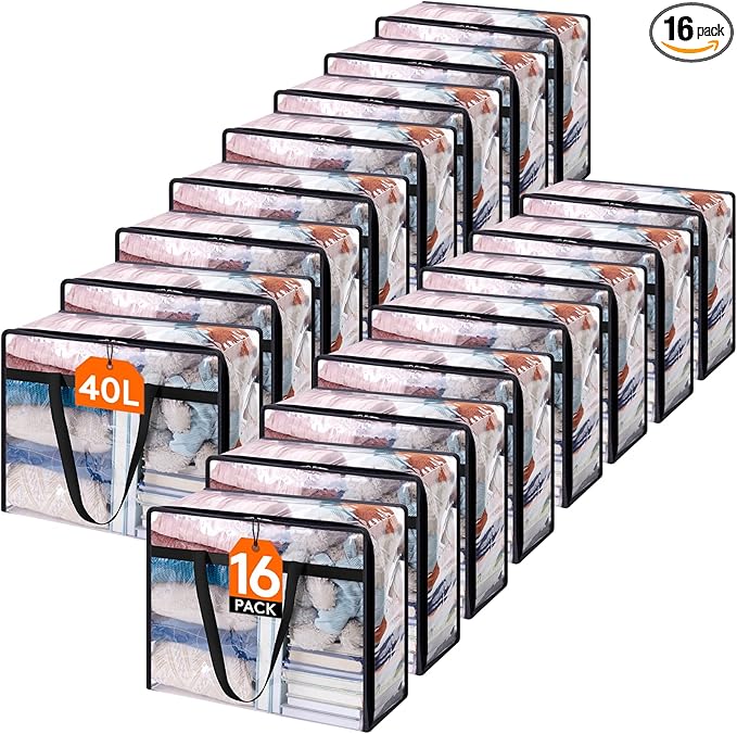Lifewit 16 Pack Clear Clothes Storage Bags, 40L Plastic Blanket Storage Bag, Vinyl Foldable Moving Bags with Zipper, Closet Organizers and Storage Containers for Bedding, Duvet, Comforter