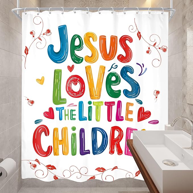 Kids 60Wx72H Shower Curtain Colorful Funny Inspirational Quotes Teens Jesus Loves Children Graffiti Motivational Words Simple Bathroom Curtain Set Modern Bath Bathroom Accessories Decor