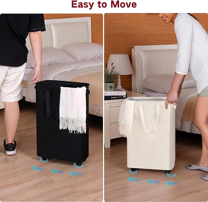 efluky Slim Laundry Hamper with Wheels, Rolling Laundry Basket for Clothes, Small Laundry Basket for Bedroom, Dorm and Laundry Room, 60L (12.7 Gallons) Black