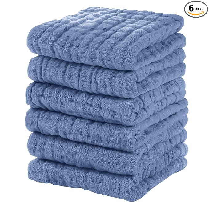 Unnivoll Muslin Burp Cloths Baby 12''X12'', Baby Washcloths 6 Pack, 100% Cotton Baby Wash Cloths Absorbent and Soft for Newborn Infants Kids Boys Girls - Sapphire Blue