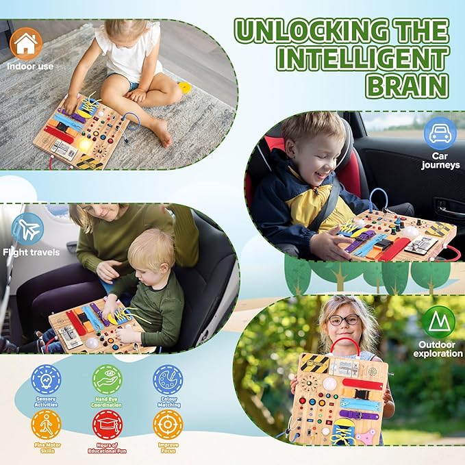 23-in-1 Montessori Busy Board with LED Lights Educational Wooden Activity Toy for Toddlers Ages 1-3, Travel Sensory Board with Switches Locks Music Box Fine Motor Skills Learning Toy for Boys Girls