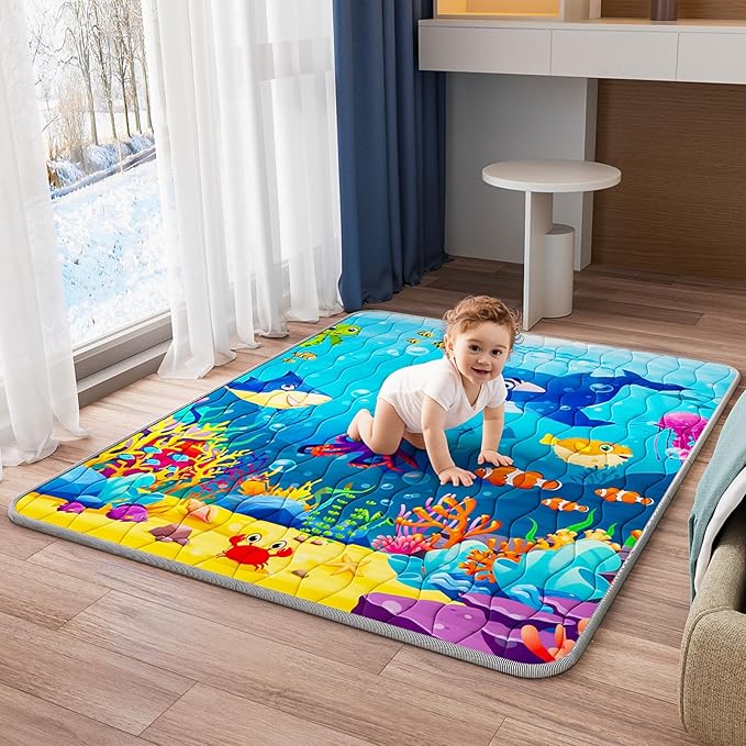 Baby Play Mat, 71"x59" Soft Thicker Playpen Mat, Non-Slip Baby Play Mat for Floor, Portable & Waterproof, Machine Washable Crawling Play Mat for Babies,Toddlers and Infants to Play and Learn,Sea World