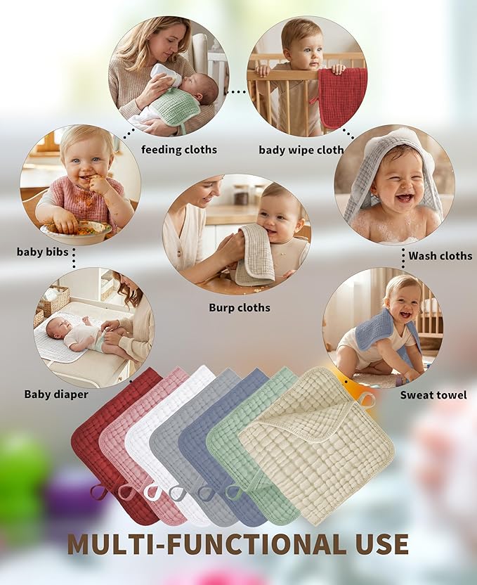 14Pack Muslin Baby Burp Cloths 100% Cotton 20"X10" Soft Absorbent Quick Drying Newborn Drool Baby Face Washcloths