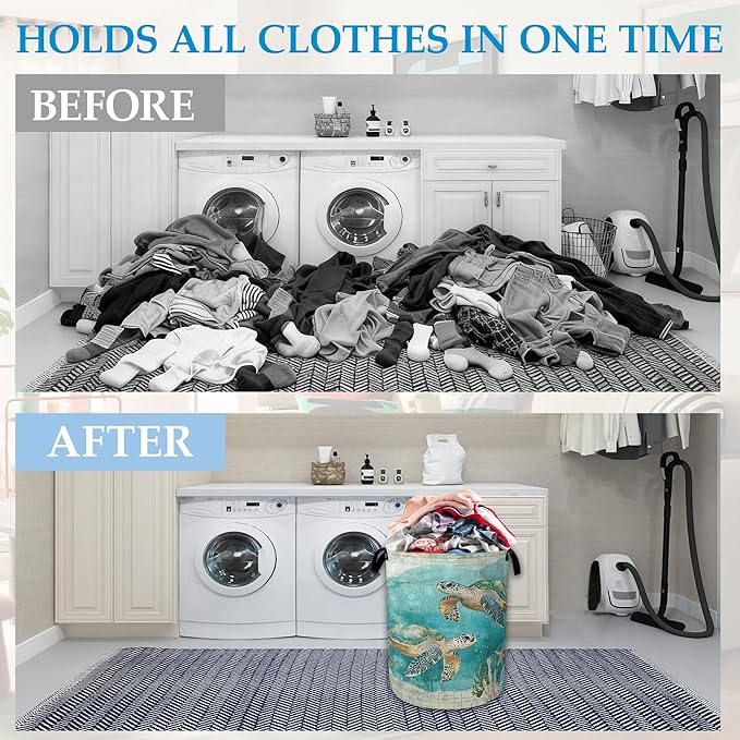 Sea Turtle Laundry Basket Collapsible Laundry Hamper Clothes Toy Storage Bin for Bathroom Bedroom Room Decor 16" X 20.8"