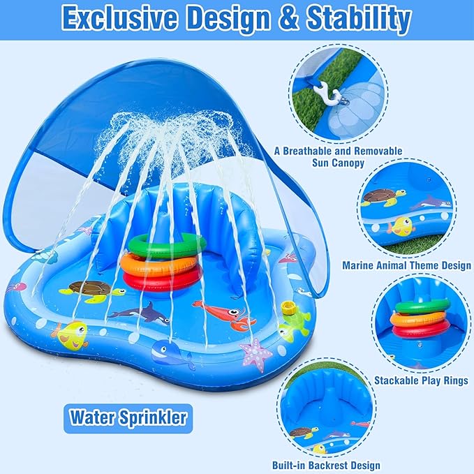 iGeeKid Baby Play Mat with Sprinkler, Inflatable Baby Pool Float with Canopy Backrest & Stackable Rings Water Sprinkler for Kids, Outdoor Water Play Toys for Toddlers Backyard Swimming Water Games