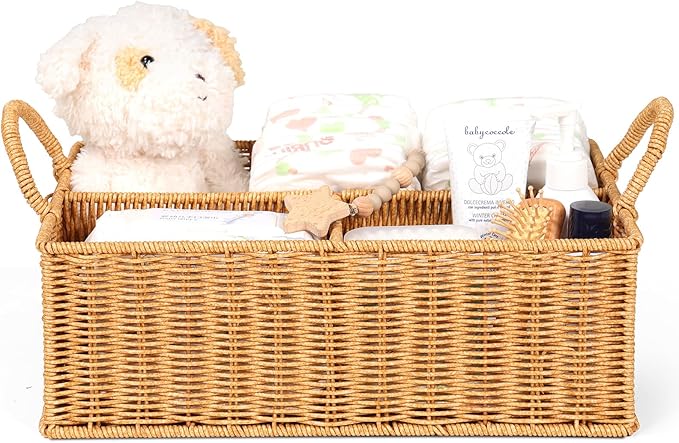 Diaper Caddy Organizer, Hand Rattan Nursery Baby Basket Changing Table Organizer for Baby Essentials, Baby Shower Gifts, Versatile Shelf Basket Bathroom/Kitchen Organizer (PE Rattan, L)