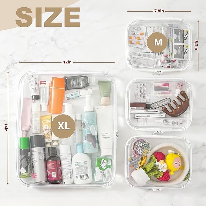 Clear Hard Shell Zipper Pouches, Clear Zipper Bags, Hard Case Pouches for Purse & Diaper Bag Organizer,and Travel Essentials (XL+3M)