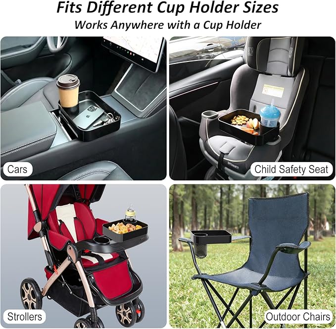 Car Seat Snack Tray for Kids, Mess-Free Square Travel Tray Cup Holder Snack Tray, Durable Car Food Tray for Toddlers, Universal Fit Kids Travel Road Trip Essentials (Black)