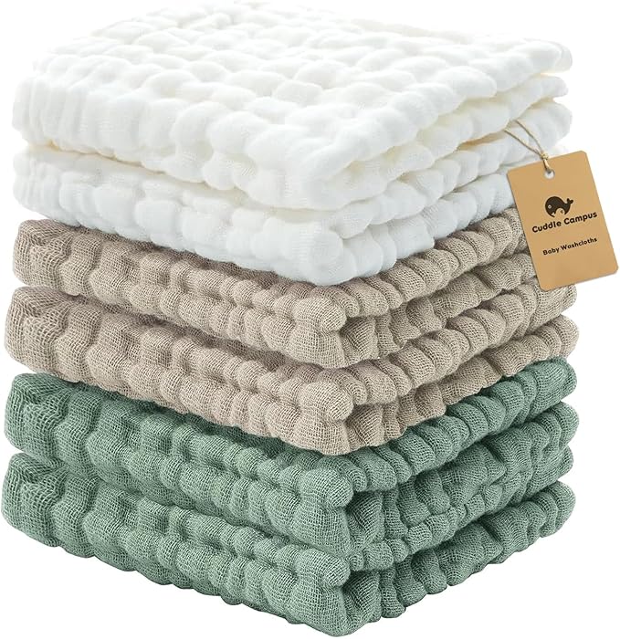 Cuddle Campus Baby Washcloths 6 Packs, Muslin Washcloths Baby,Cotton Burp Cloths, Extra Absorbent and Soft Wash Clothes for Newborns, 12x12 Inches
