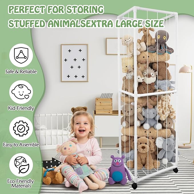 Stuffed Animal Storage Zoo with Wheels, 65" Tall Large Stuff Animals Plushies Holder Toy Organizer Kids Plush Storage Cage PVC with Elastic Band and Net for Nursery Playroom Corner for Toddler