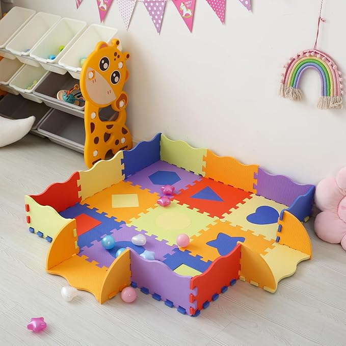 Tamiplay Foam Play Mat for Kids，25Pcs Square Interlocking Puzzle Floor Mat，Baby Play Mat Floor Mat Foam Puzzle Playmat for Toddlers with Fence（Shape-CSH028