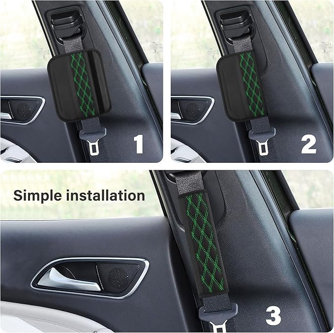 2PCS Car Seat Belt Cover Pads,Leather Seatbelt Covers Protect Shoulder and Neck Car Accessories Interior,Universal Car Seat Strap Pads Car Decorations for Most Cars Trucks (Black/Green)
