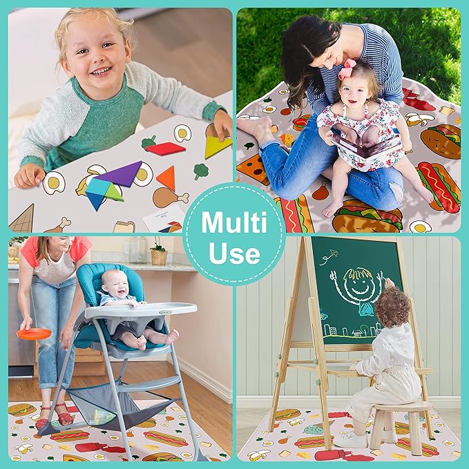 Welspo Splat Mat for Under High Chair, Washable Large Baby Splash Mat, Anti-Slip Silicone Spot Waterproof Floor Mat, Food Catcher Art Craft Leak Proof Mat (White Food, 51inch X 51inch)