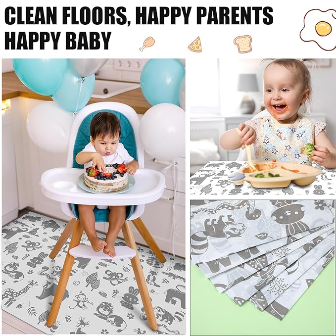 Drydiet 100 Pack 28"x47" Disposable Floor Splat Mats for Under High Chair with Animals Print, Waterproof Plastic Floor Mat Multipurpose Baby Led Weaning Supplies(Forest Animal)