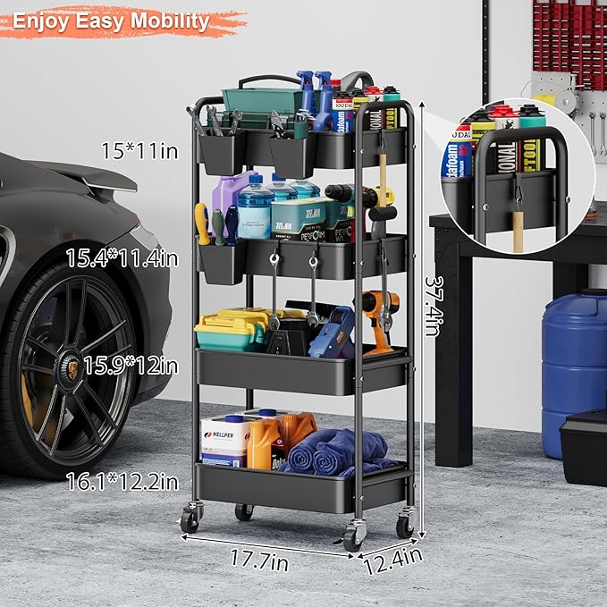4-Tier Metal Rolling Cart with Wheels, Storage Utility Organizer Cart for Kitchen, Bathroom, Office, Baby Essentials & Makeup - Lockable Casters, Easy Assembly, Large Capacity, Black