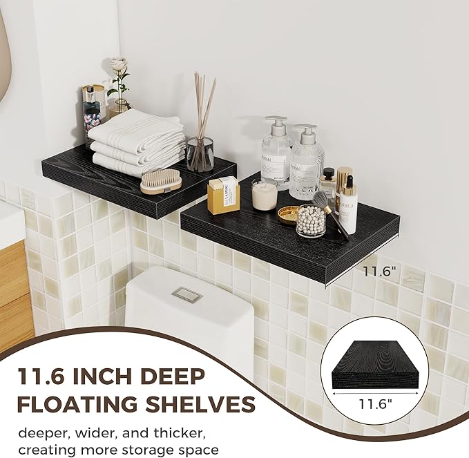 Fun Memories 12 Inch Deep Floating Shelves, 16 x 12 Wooden Wall Shelves, Extra Deeper & Thicker Rustic Wall Mounted Storage Shelf for Fireplace, Living Room, Kitchen, Farmhouse, Black - 3Pack