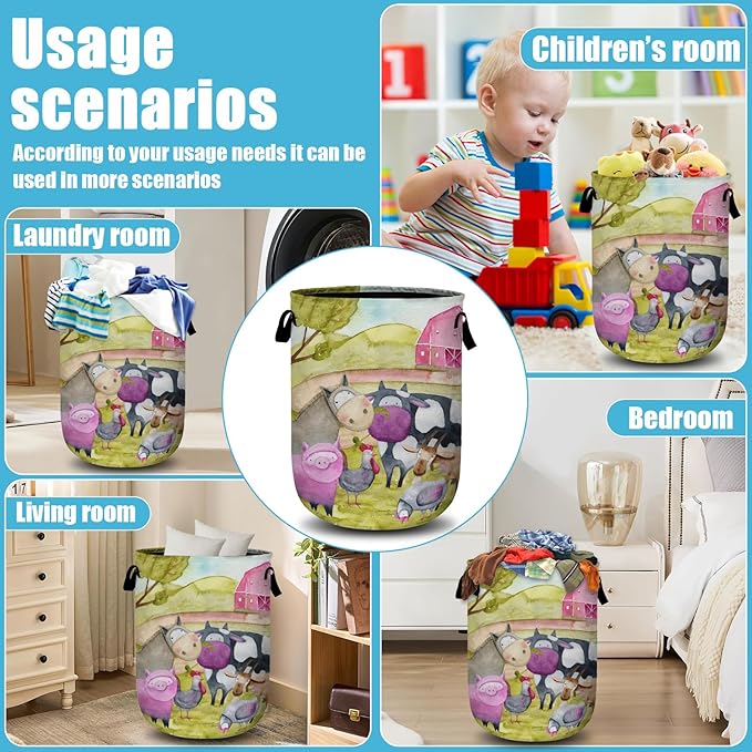 Watercolor Farm Animal Laundry Basket, Laundry Hamper Collapsible Oxford Cloth with Handle Clothes Toy Storage Bin for Bathroom Laundry Room Bedroom 15.7 X 20 Inch