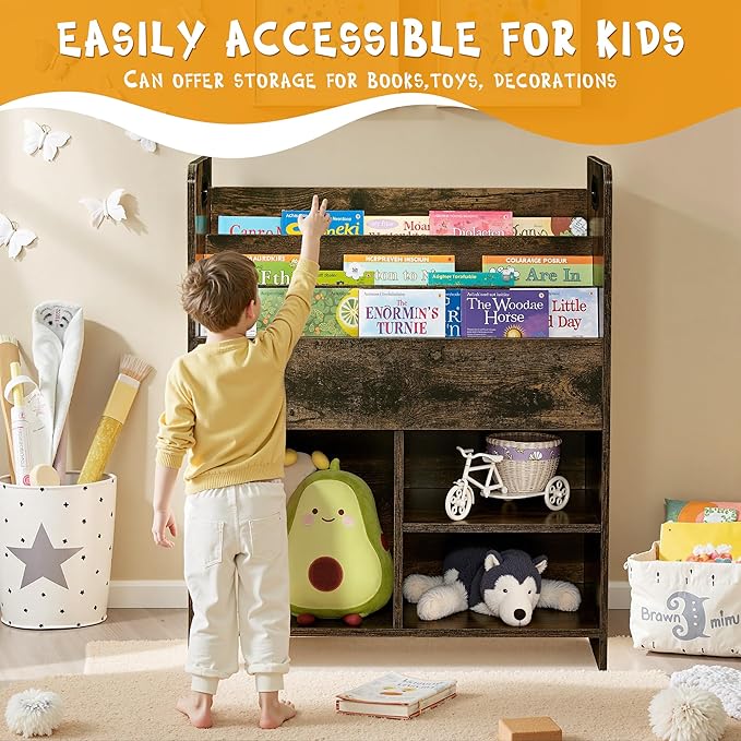 VECELO Kids Bookshelf with Toy Storage - Wooden Nursery Organizer for Books & Toys, Easy Assembly Playroom Shelf (Brown)