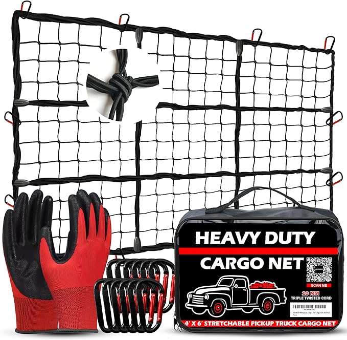 ZULWEST Heavy Duty Cargo Net for Pickup Truck Bed 4x6 ft Stretches to 8x12 ft - 10mm Bungee Mesh with 12 Carabiners, Anti-Slip Gloves & Digital Guide - Truck Bed Netting for Cargo, SUV, Roof Rack