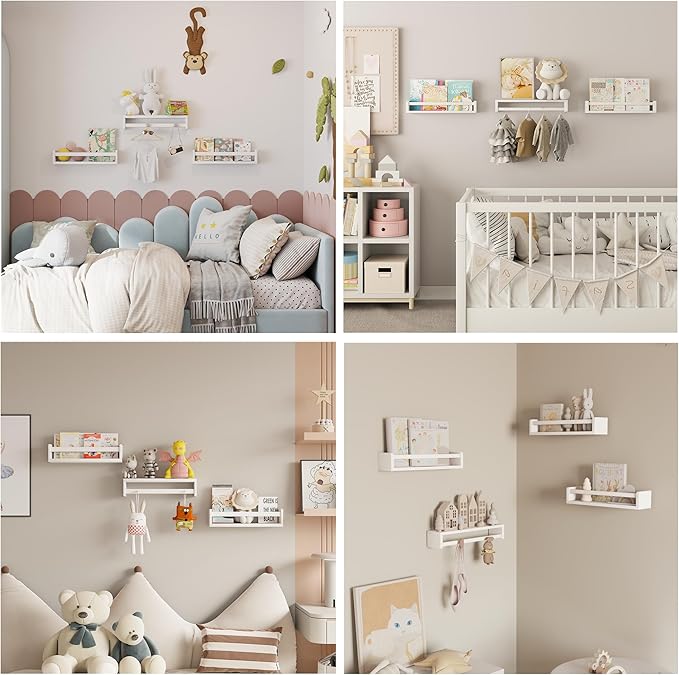 Heimlove Nursery Floating Shelves, White Nursery Book Shelves for Wall, 16 inch Wall Bookshelf for Kids Solid Wood Shelves for Books,Toys and Decor Storage, Set of 3