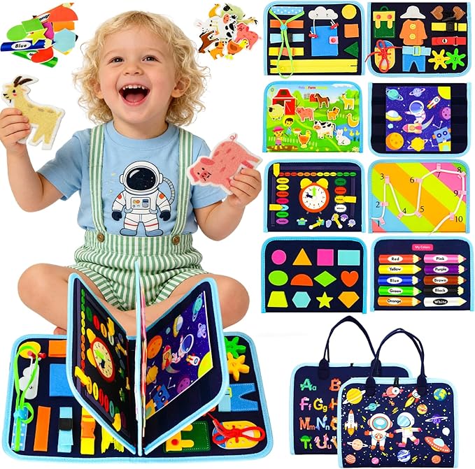 Toddler Busy Board Montessori Toys, Busy Book Educational Learning Toys for Toddler Boys, Activity Book Sensory Toy with Life Skills, Kids Travel Toy for Airplane Car Toddlers Christmas Birthday Gift