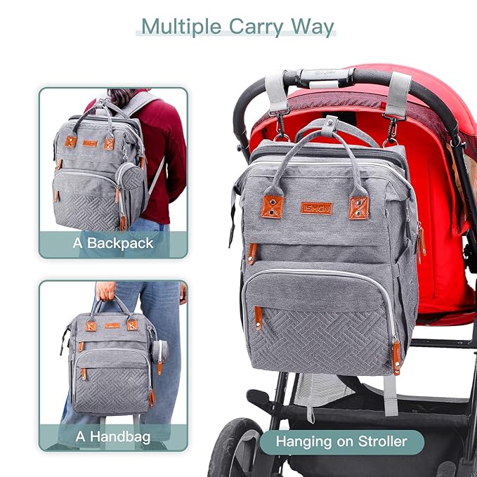 ISMGN Diaper Bag Backpack with Changing Station, Large Diaper Bag, Baby Bag, Multifunctional Diaper Bag, Gray