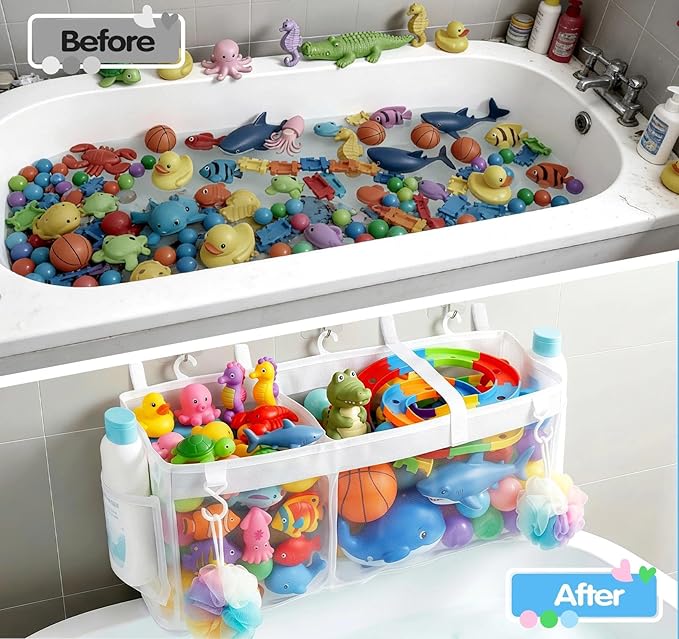 Extra Large Openings Bath Toy Organizer with 2 Compartments and Multiple Pockets, Quick-Dry Mesh Bathtub Toy Storage and Holder for Easy Access and Sorting of Toys