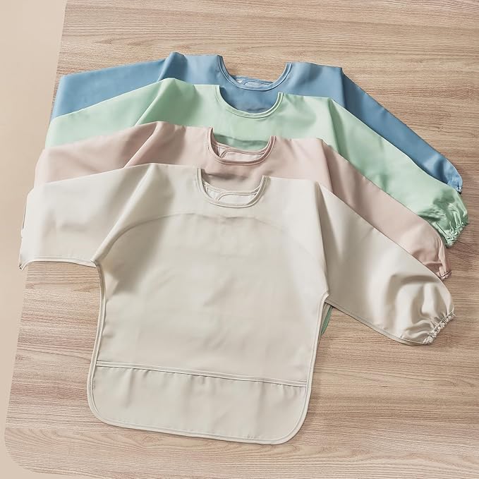4 Pack Long Sleeve Bib, Reusable Bib with Catch-all Pocket